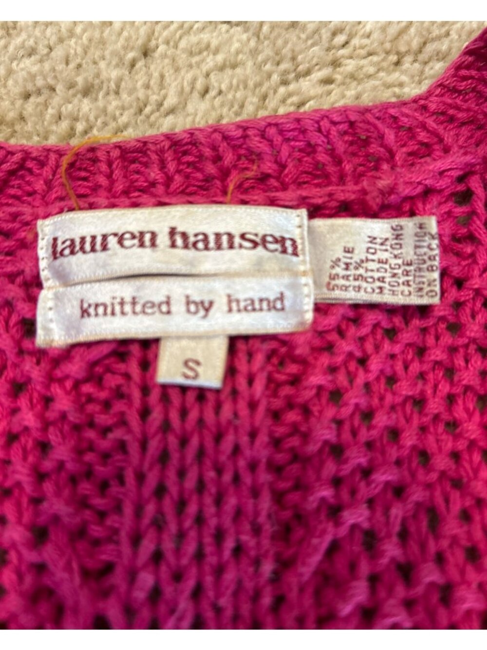Vintage Lauren Hansen Size S Hand Knit Raspberry Pink Cable Knit Cardigan Cozy - Picture 9 of 16